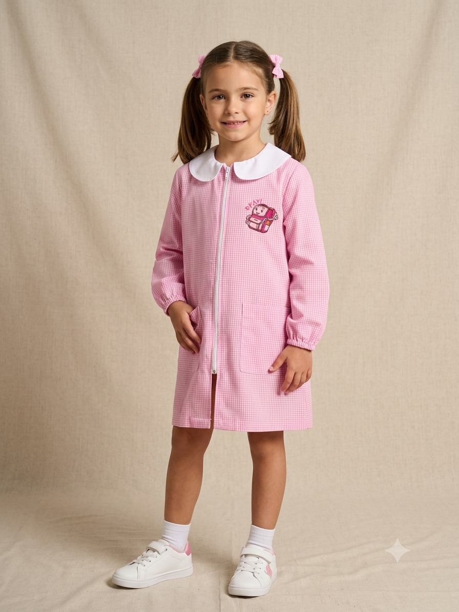 Grembiule Asilo Quadretti Rosa Zip Bambina - A04