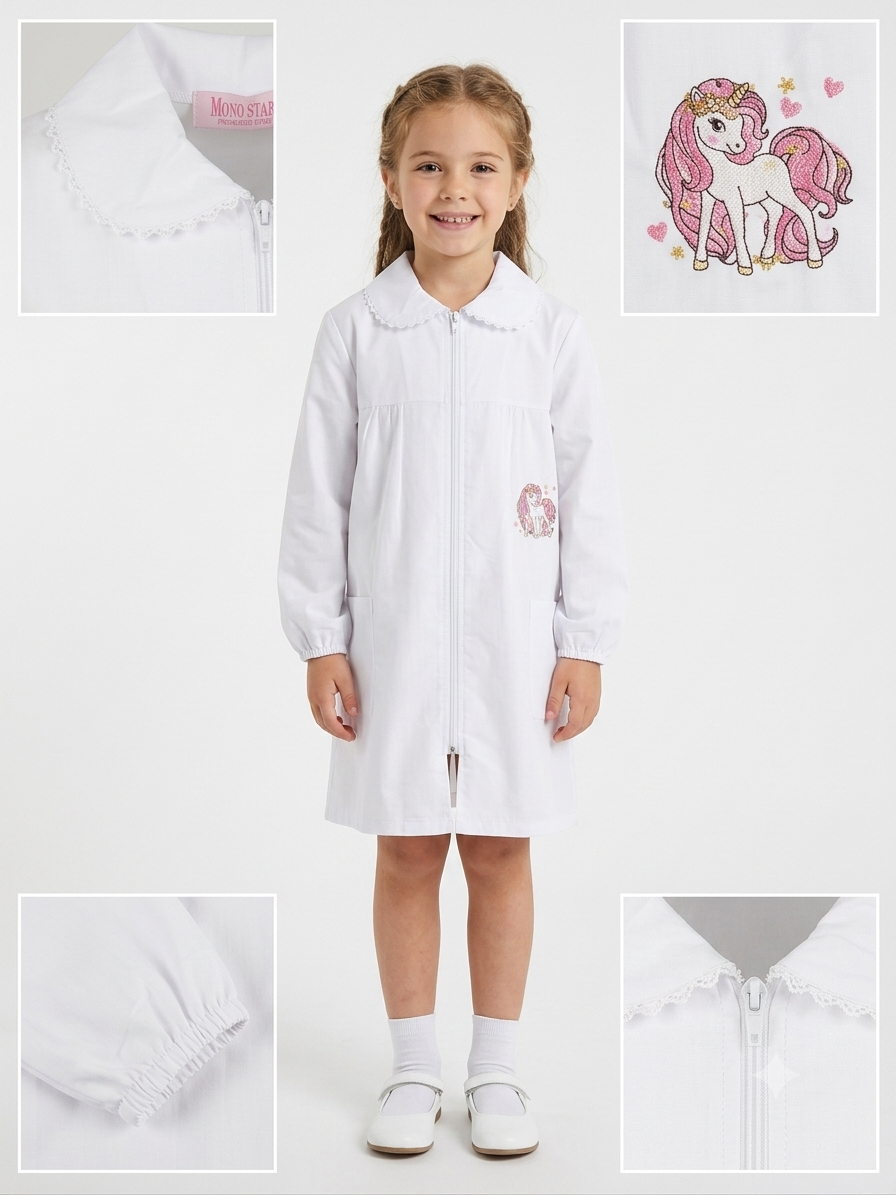 Grembiule Bianco Zip Scuola Elementare Bambina - F05