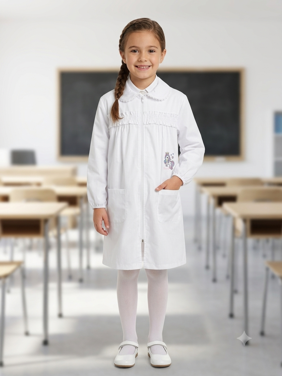 Grembiule Bianco Scuola Elementare con Chiusura Zip Bambina - F06