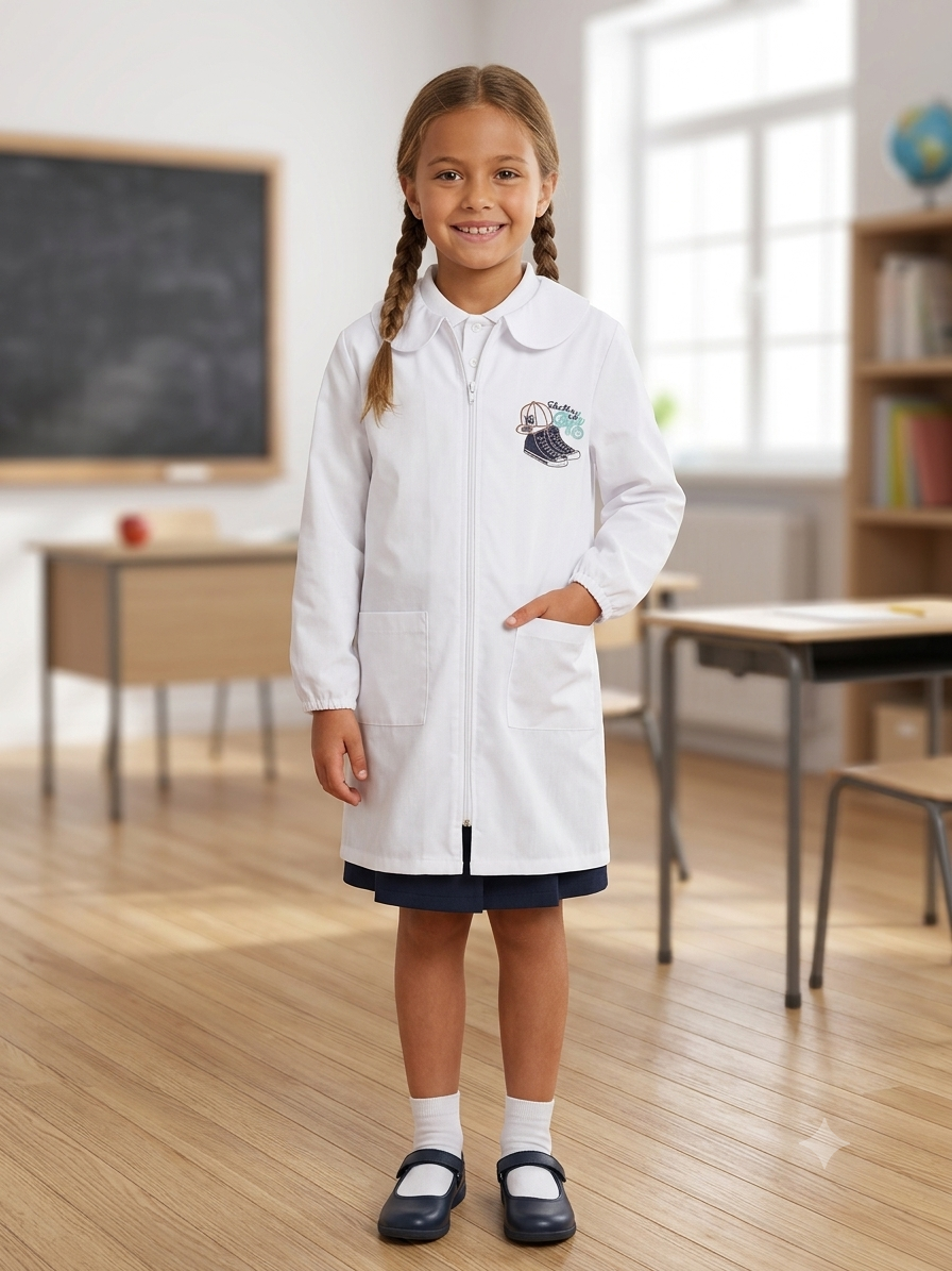 Grembiule Bianco Scuola Elementare Con Chiusura Zip Bambina - F07