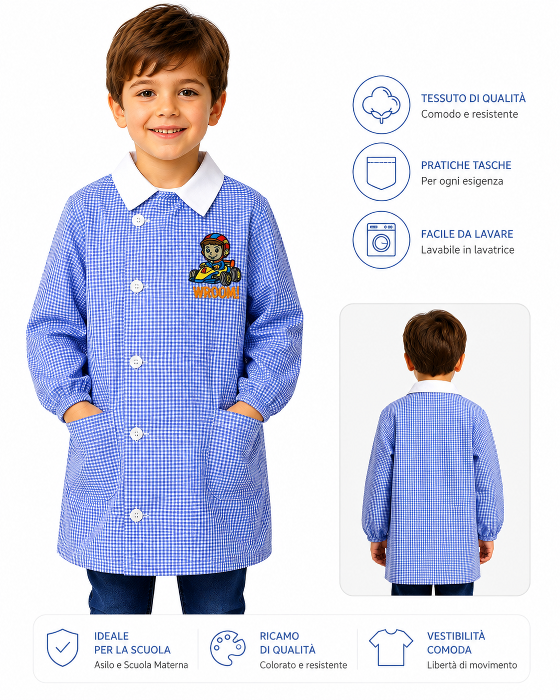 Grembiule Asilo Quadretti Azzurro - Celeste  Bambino - A02